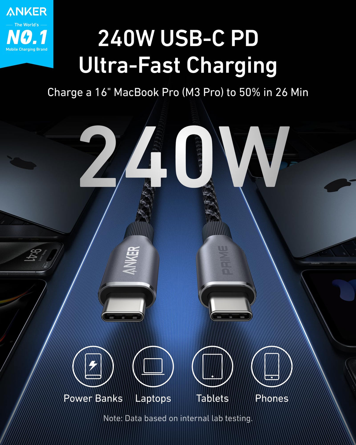 Anker Prime Charger (100W, 3 Ports, GaN) and USB-C to USB-C Cable (240W, 6 ft)