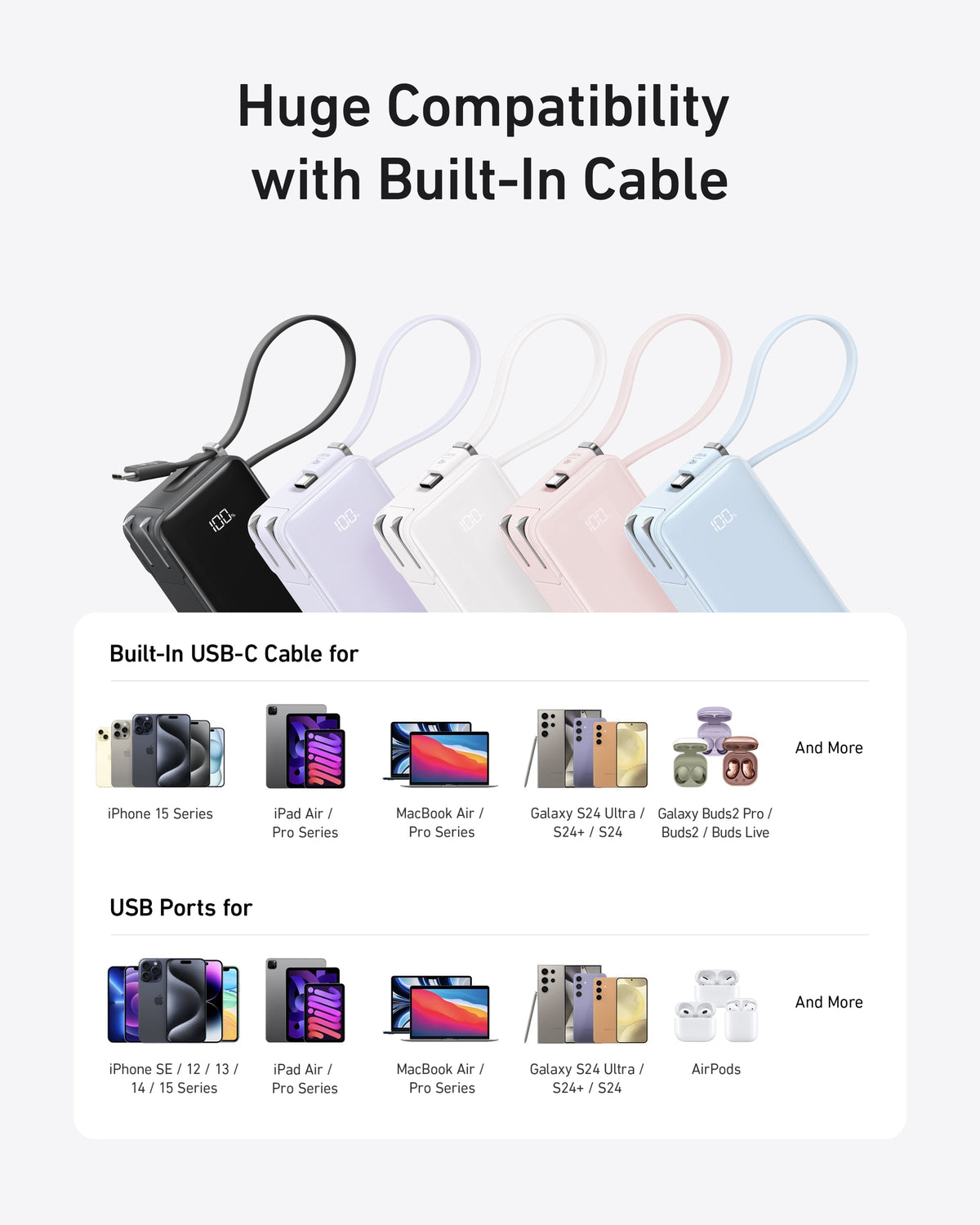 Anker built-in cable for iPhone 15 and Galaxy S24 with compatibility