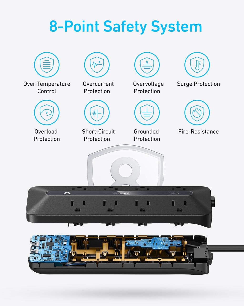 Anker power strip showing internal parts with 8-point safety system